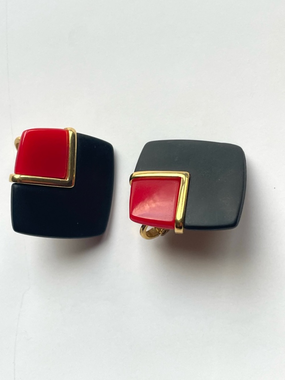 Vintage Trifari Lucite Clip Earrings Black Red Gold Geometric Statement